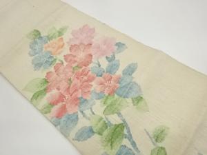 手織り真綿紬花葉模様織出し名古屋帯